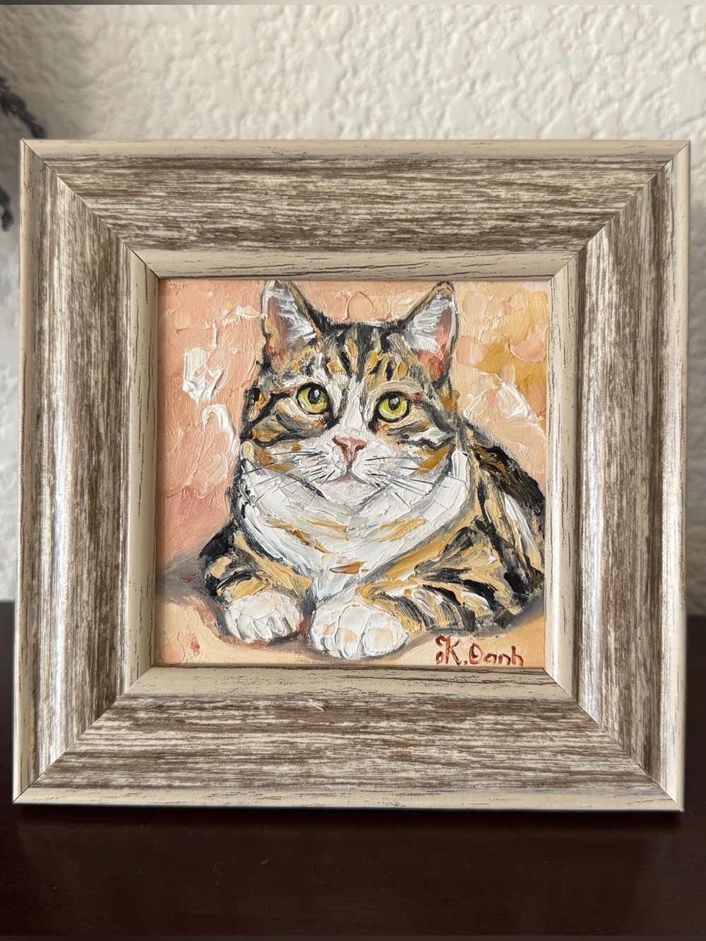 Original oil painting tabby cat portrait signed framed 4x4 inches